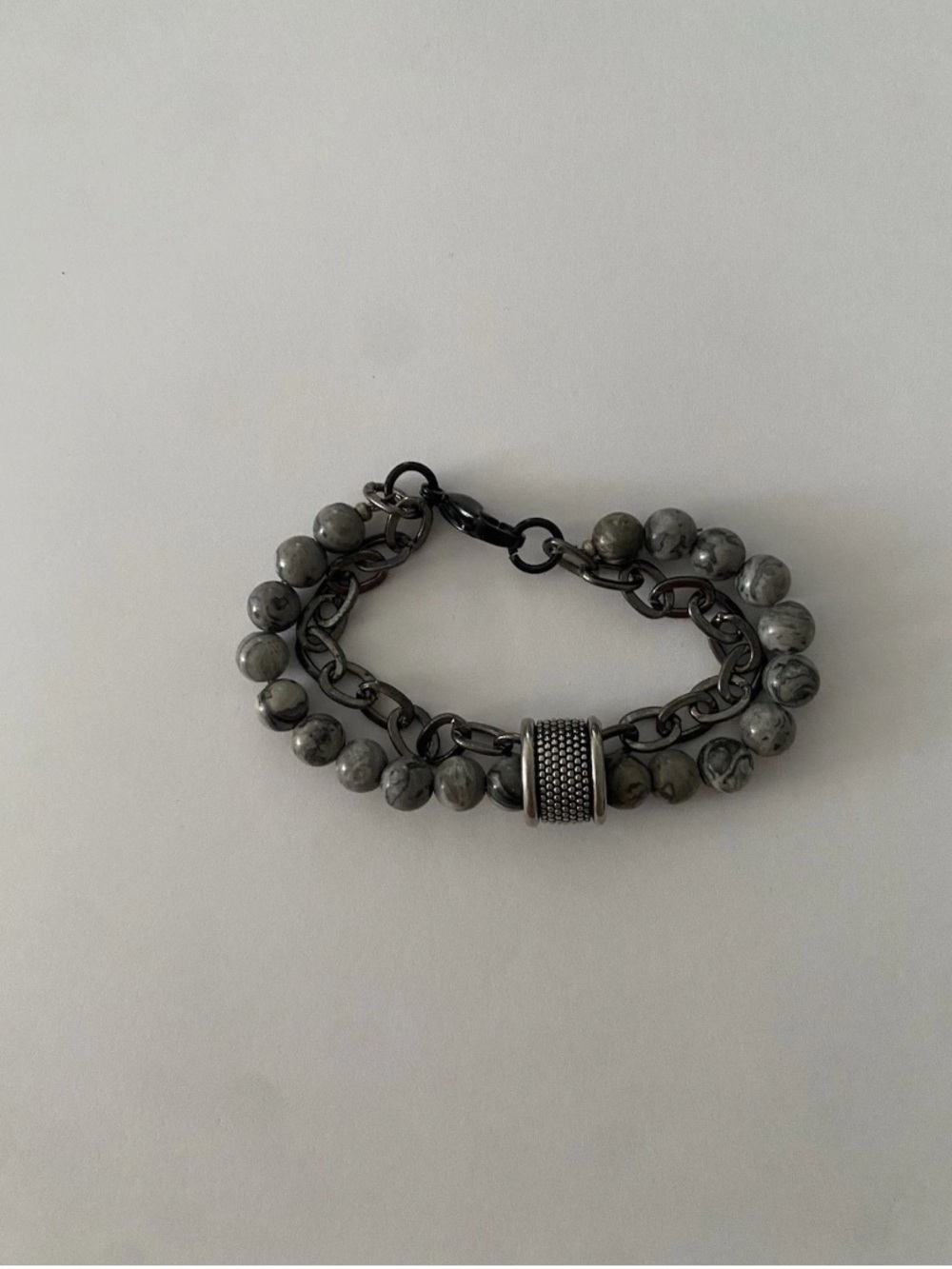 Men's Double Strand Grey Beaded Bracelet with Gunmetal Chain